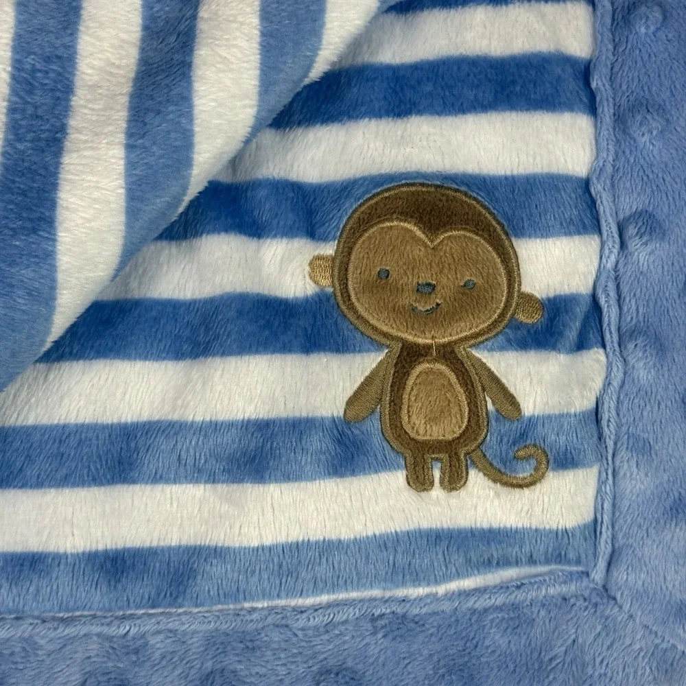 Carters Child of Mine Blue White Stripe Minky Dot Sherpa Baby Blanket Monkey